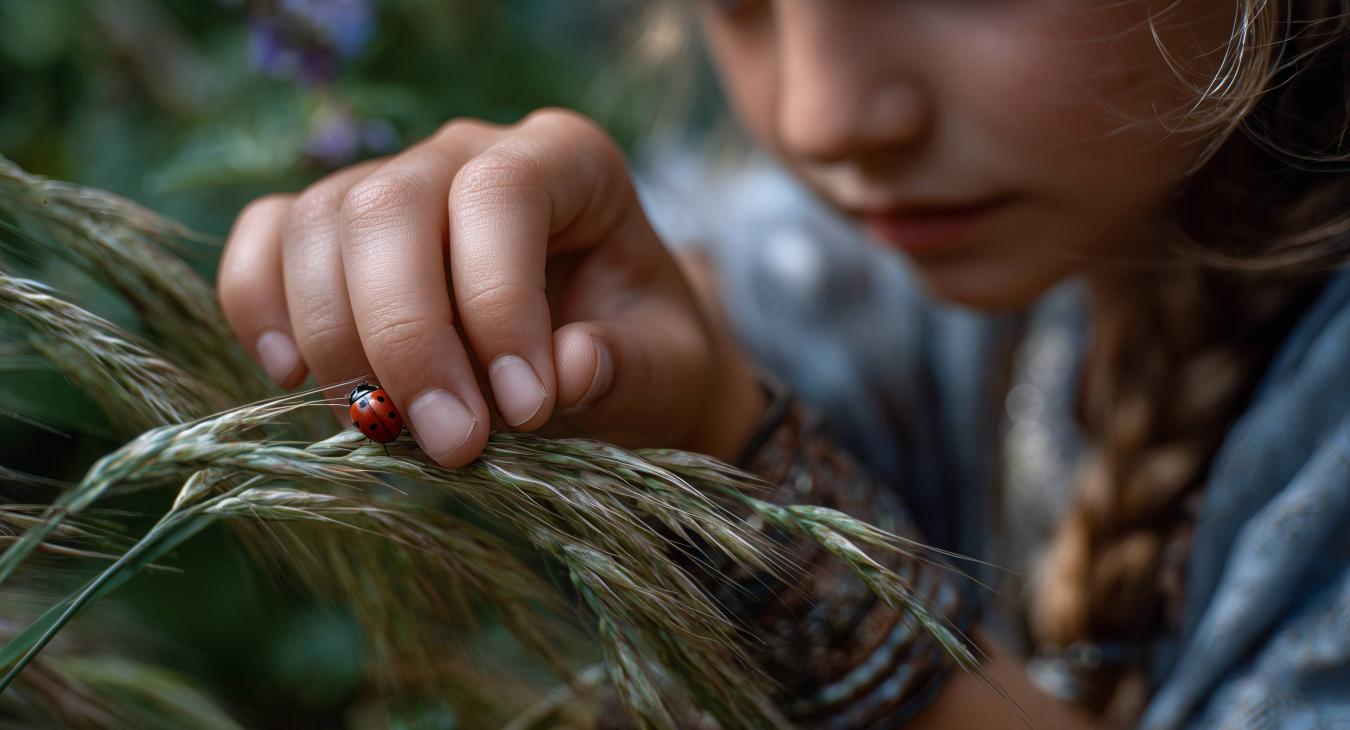 Girl looking at ladybug