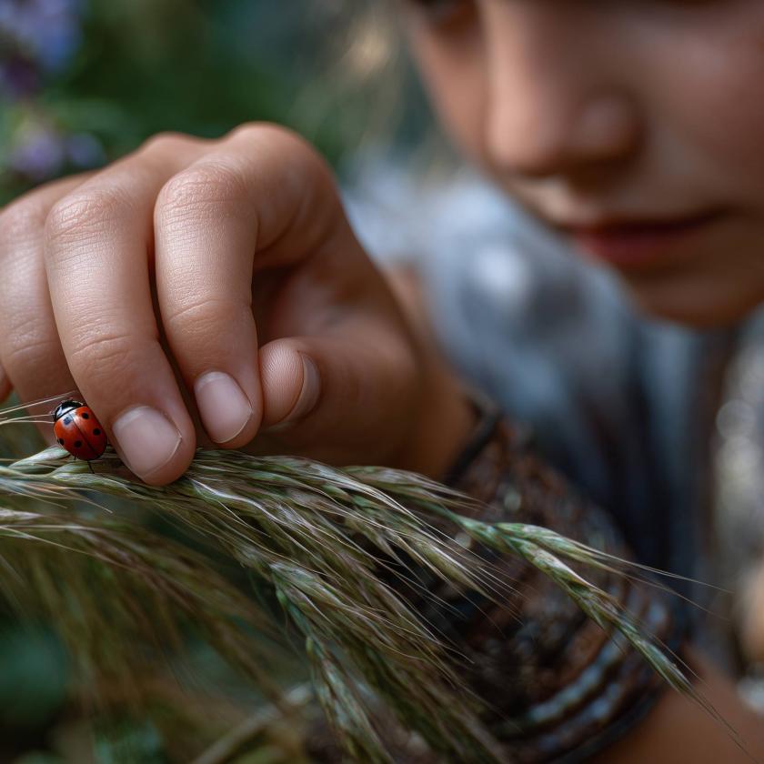 Girl looking at ladybug
